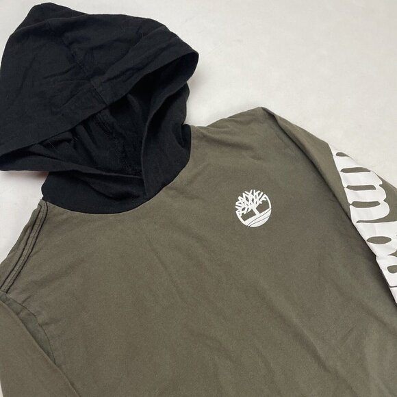 TIMBERLAND Hooded T-Shirt Youth Boys L(14/16) Long Sleeve Spellout Green Black - Picture 1 of 8